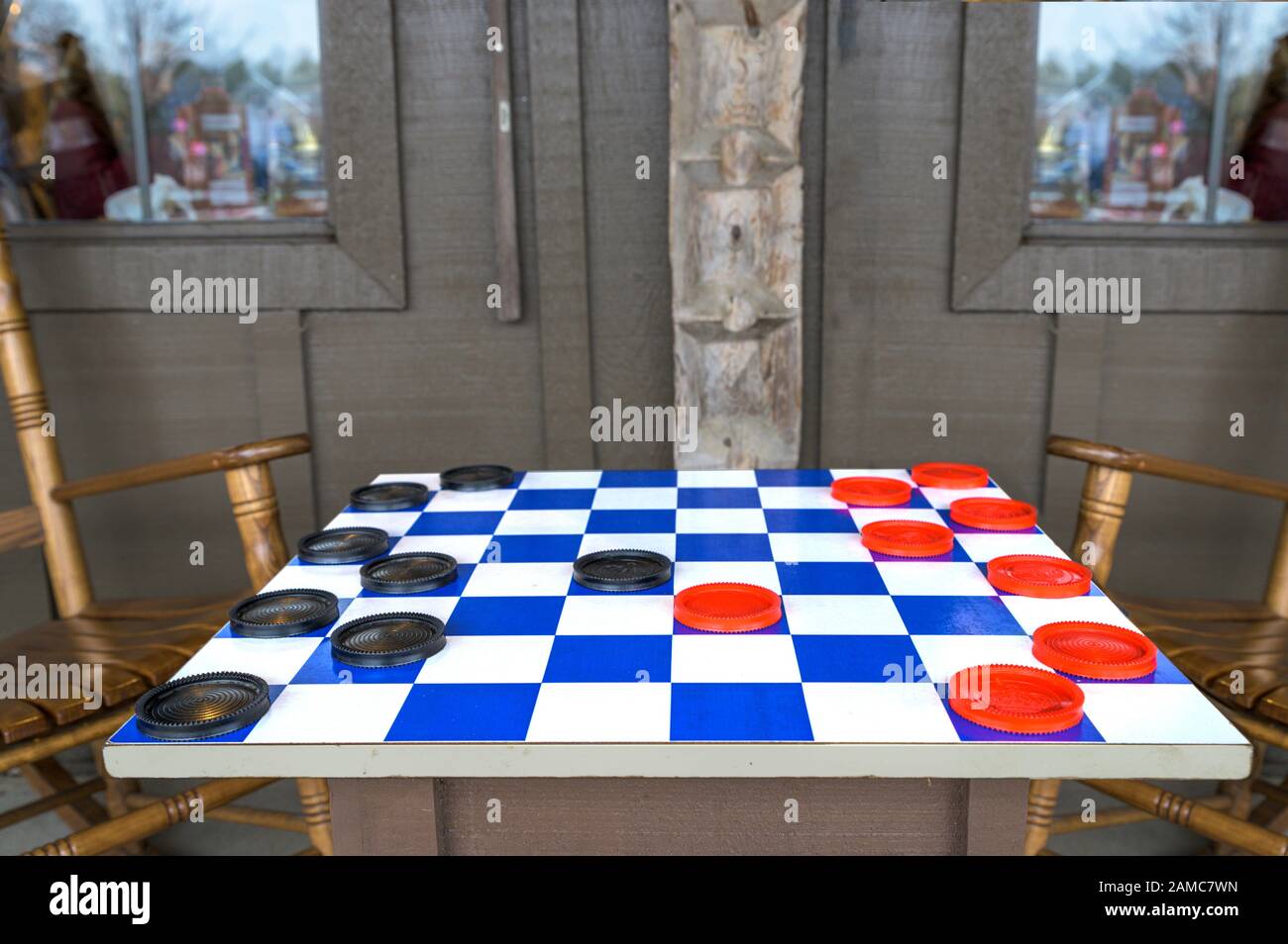A Blue And White Checkers Board With Black And Red Game Pieces Set Up And Ready For Action In Lancaster County Pennsylvania Stock Photo Alamy