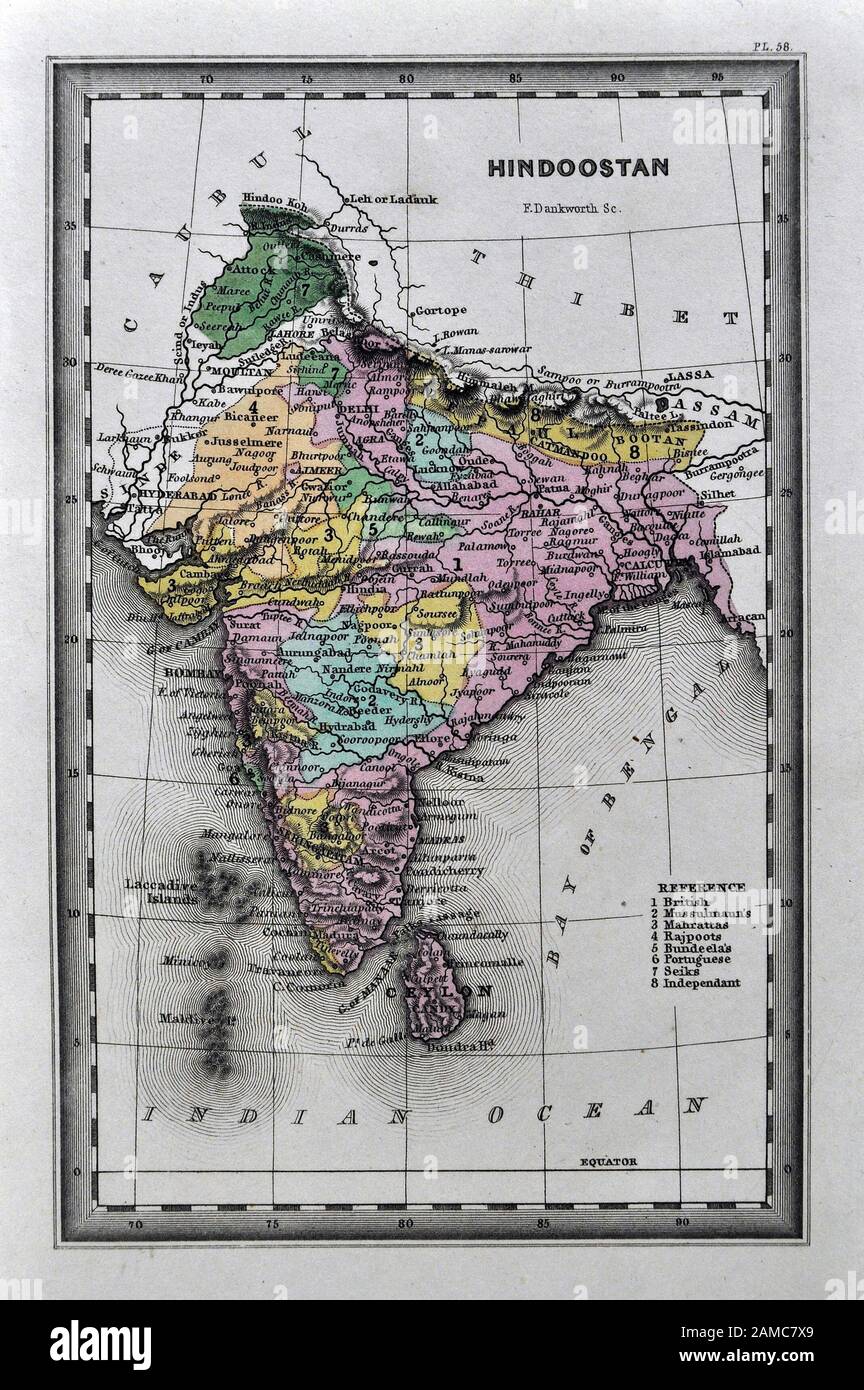 1834 Carey Map India Bombay Calcutta Delhi Ceylon Goa Madras Nepal Tibet Stock Photo