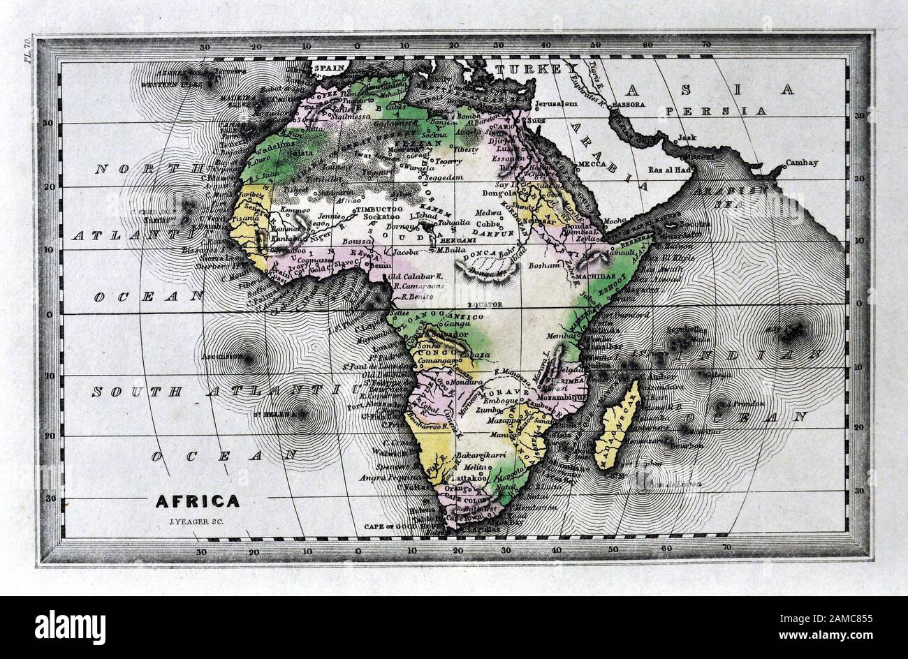 1834 Carey Map of Africa Continent showing Egypt Guinea Sudan South Cape Colony Madagascar Mozambique and other Countries Stock Photo