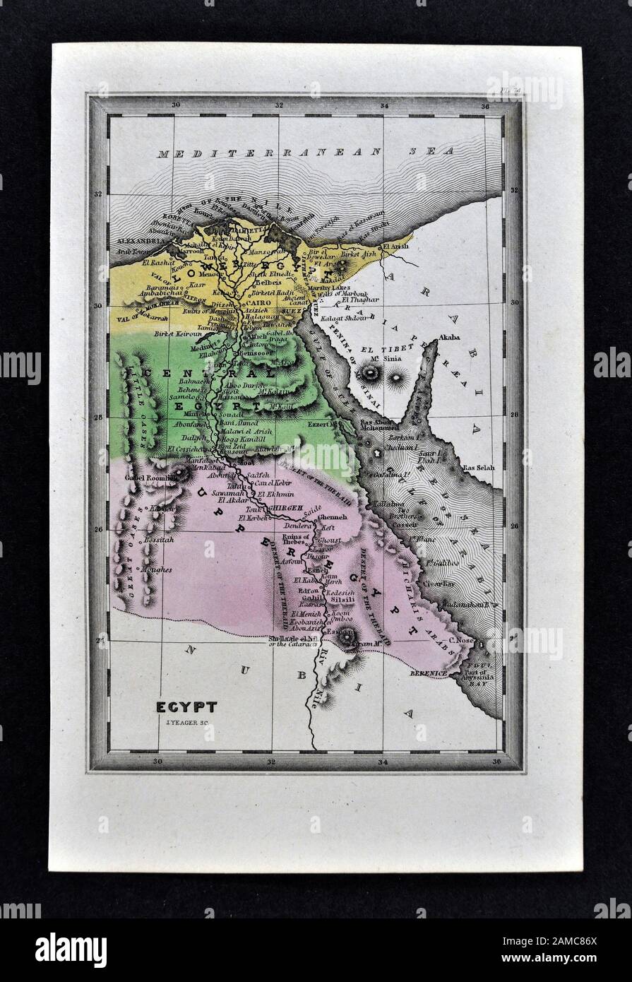 1834 Carey Map of Egypt showing Cairo Alexandria Memphis Ruins Pyramids Stock Photo
