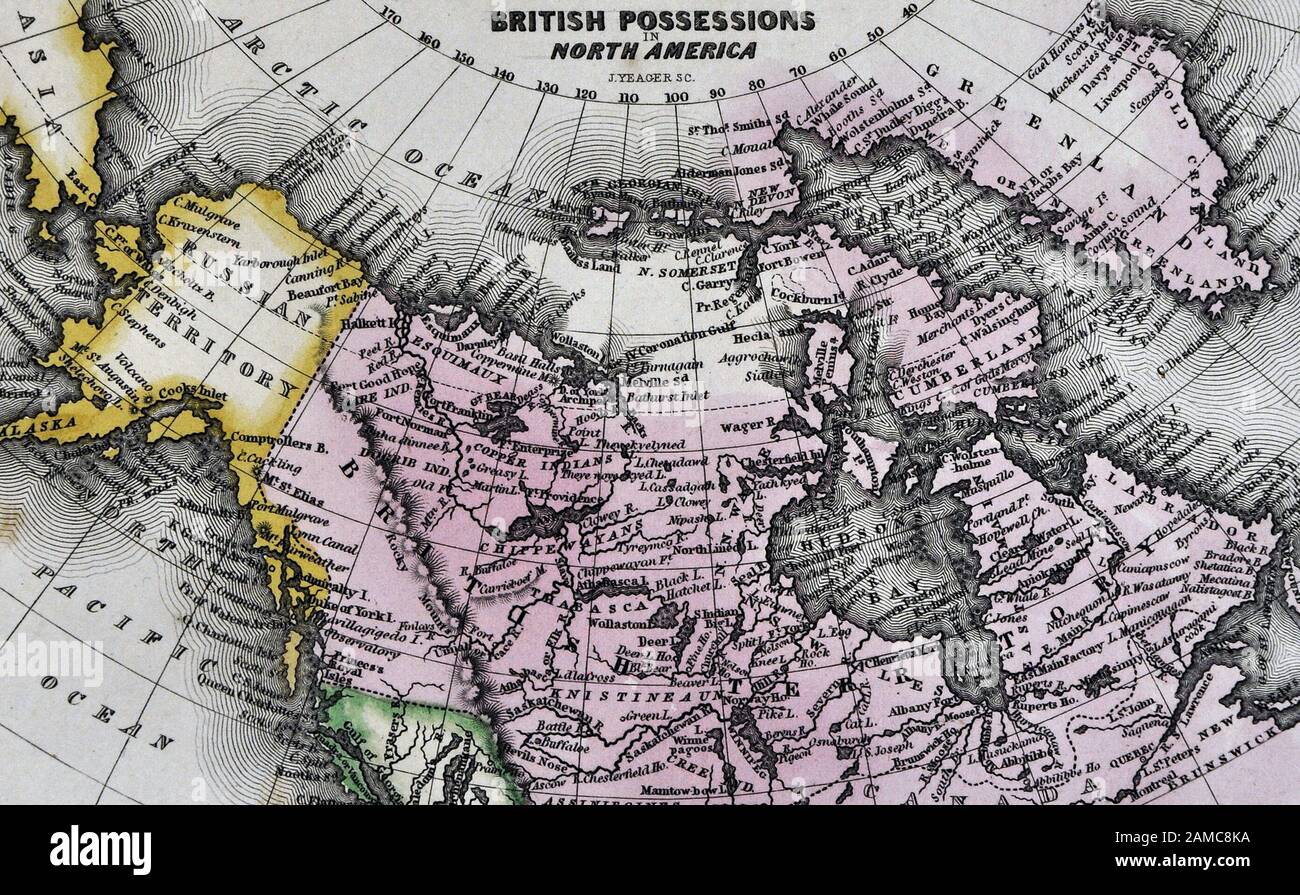 1834 Carey Map of British Possessions in North America Canada and Russian Alaska Territory Stock Photo