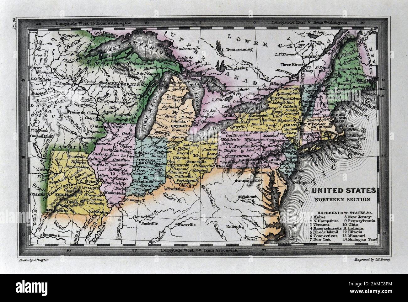 1834 Carey Map United States of America Northeastern and Midwestern States including Maine Massachusetts Connecticut Pennsylvania Ohio Indiana Illinois Missouri Michigan New York Stock Photo