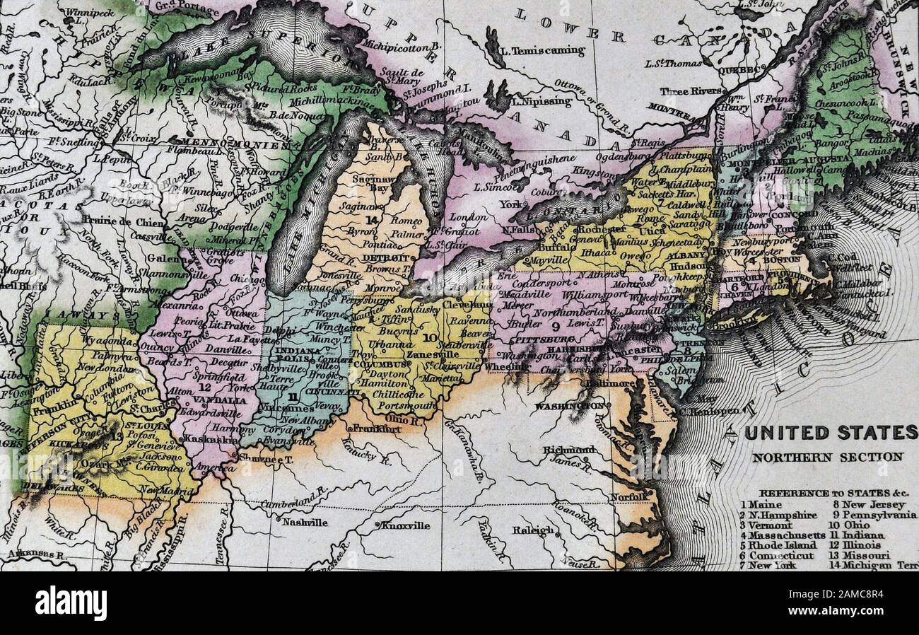 1834 Carey Map United States of America Northeastern and Midwestern States including Maine Massachusetts Connecticut Pennsylvania Ohio Indiana Illinois Missouri Michigan New York Stock Photo