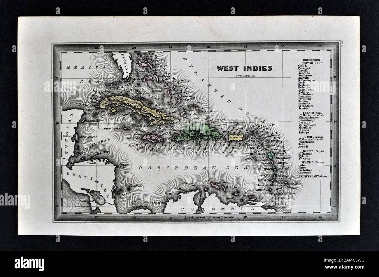 1834 Carey Map West Indies Caribbean Sea Cuba Jamaica Bahamas Antilles Islands Stock Photo
