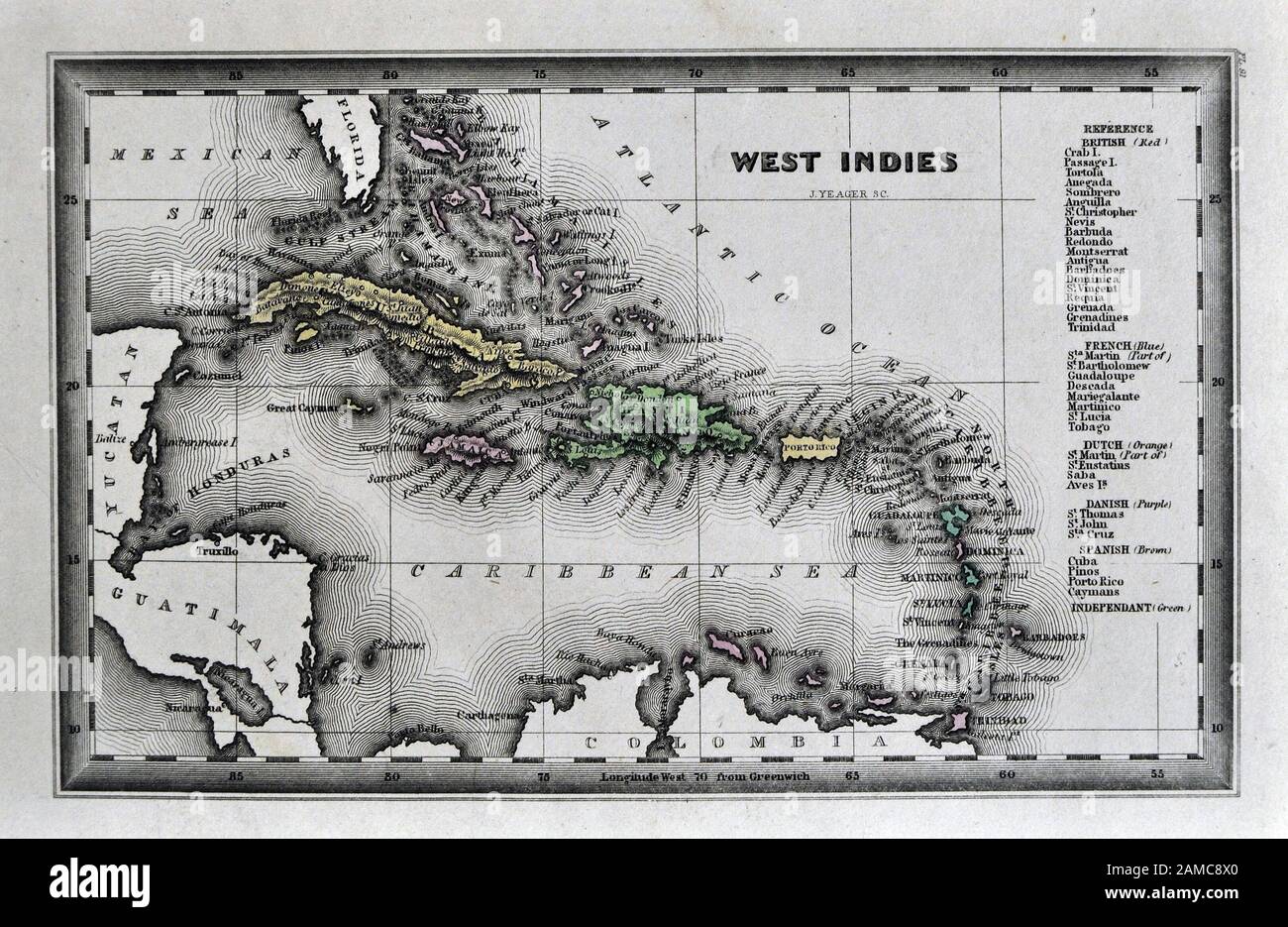 1834 Carey Map West Indies Caribbean Sea Cuba Jamaica Bahamas Antilles Islands Stock Photo