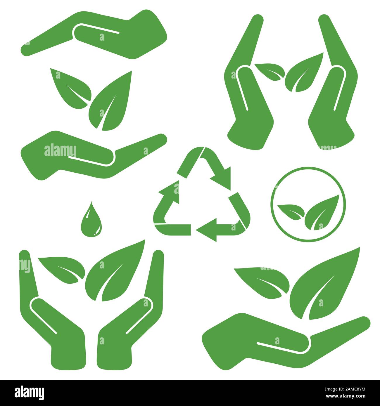 Hands holding green leaves vector illustration set isolated on white ...
