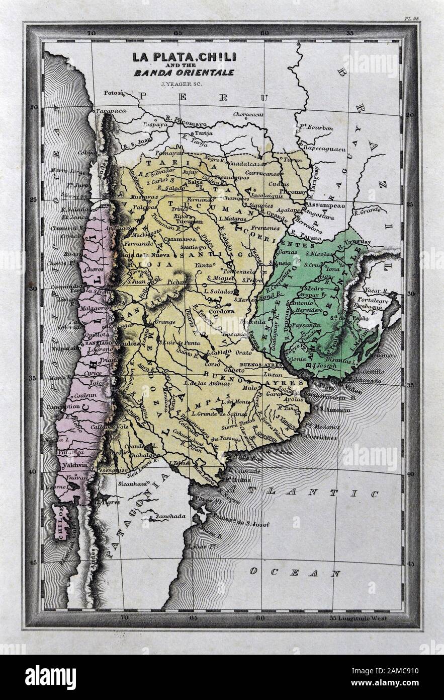 1834 Carey Map of Argentina Uruguay Chile Chili South America including Buenos Aires  Montevideo and Santiago Valparaiso Stock Photo
