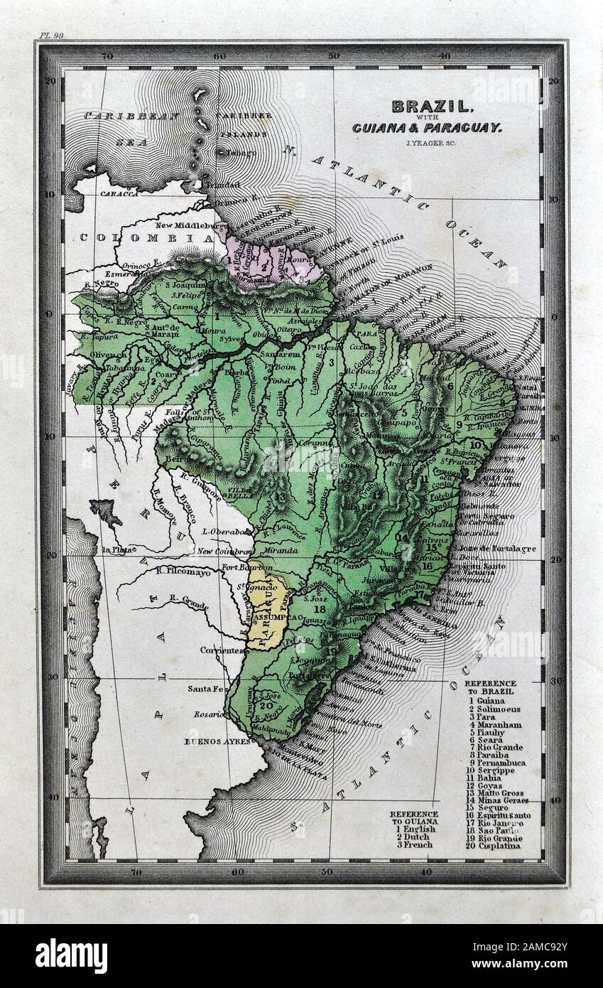 1834 Carey Map of Brazil Paraguay Uruguay and Guyana South America including Rio de Janeiero and the Amazon Jungle Stock Photo