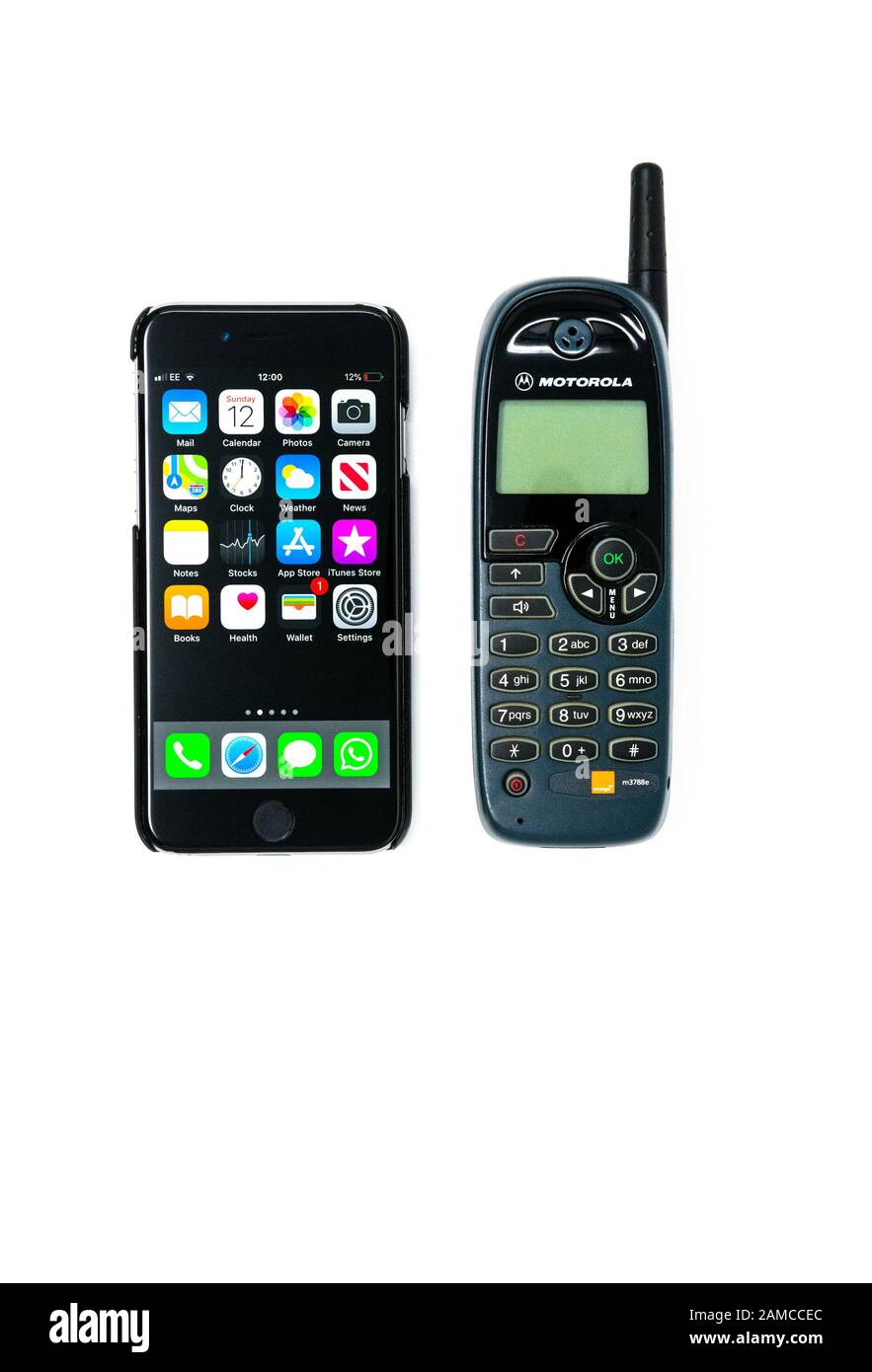 Motorola M3788e Mobile Phone with an Apple iphone 6 smart phone Stock Photo  - Alamy