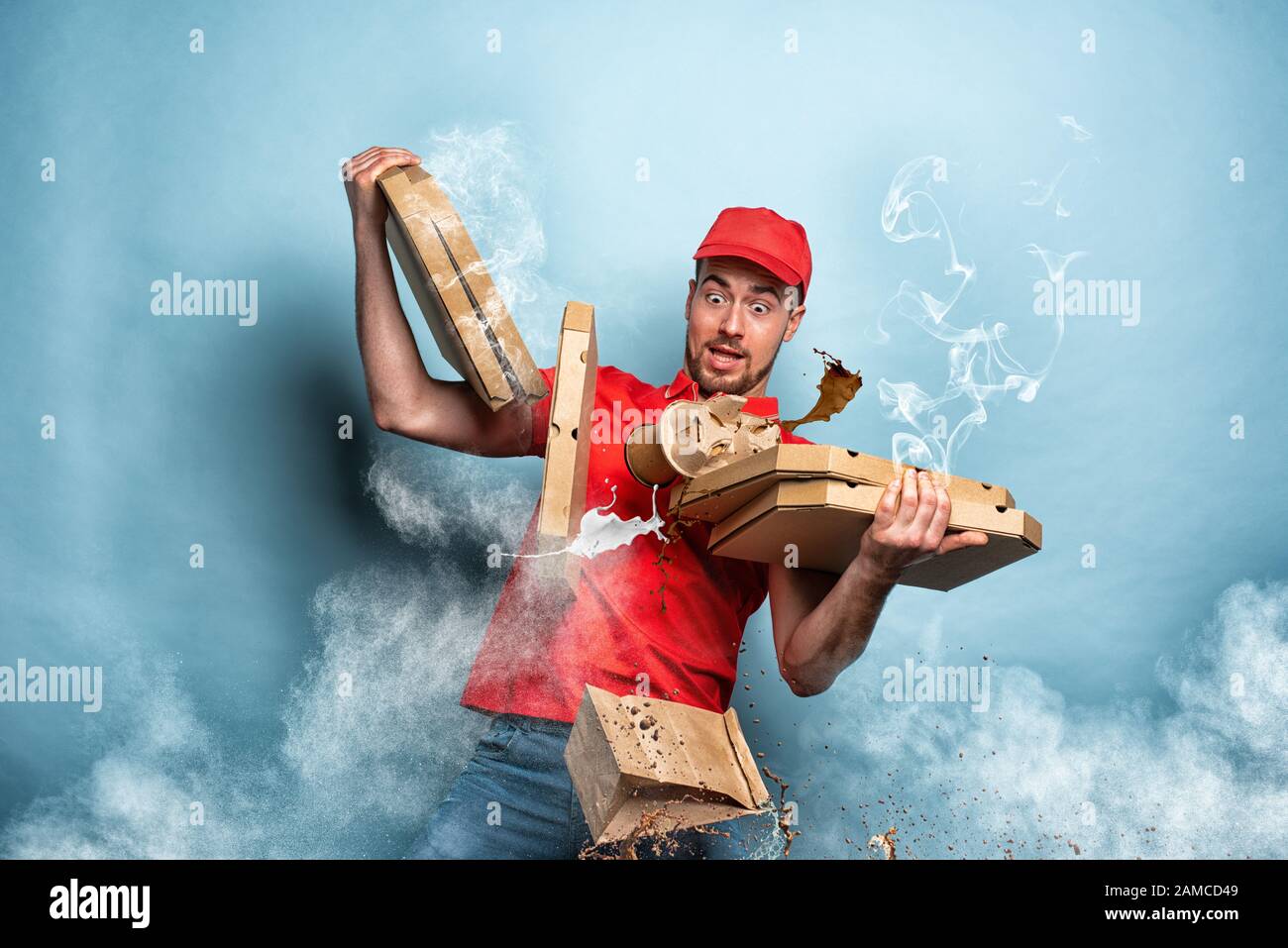 Courier has problem to delivery food because is too hot. Cyan background Stock Photo