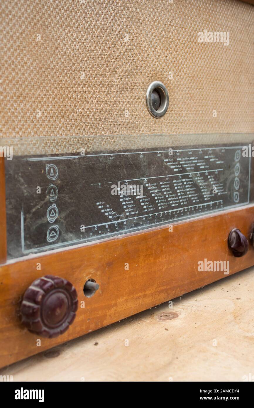 Historical radio tube. Scale of old antique radio with switches. Stock Photo