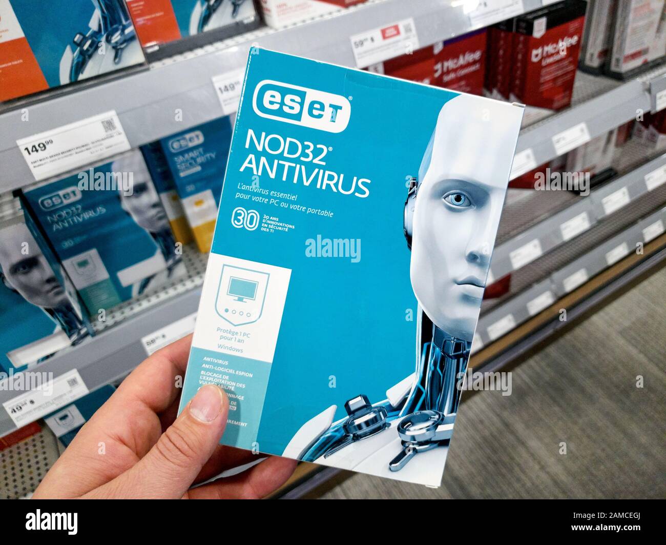 Montreal, Canada - December 26, 2019: ESET NOD32 Antivirus box in a hand.  ESET is internet security company that offers anti-virus and firewall  produc Stock Photo - Alamy