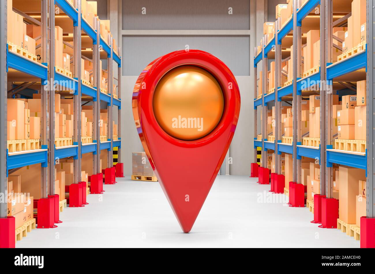 Parcel tracking concept. Map pointer inside the warehouse. 3D rendering ...