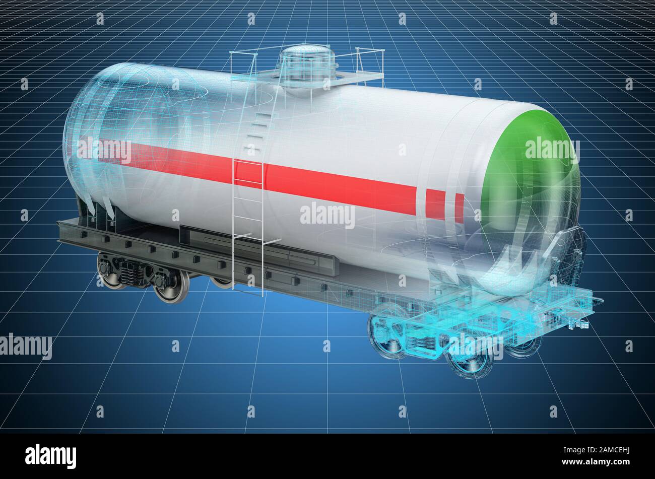 Visualization 3d cad model of tank car, blueprint. 3D rendering Stock Photo