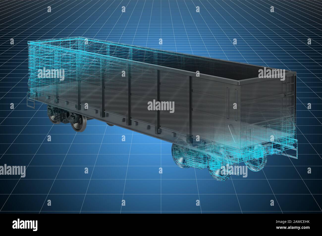 Visualization 3d cad model of freight wagon, blueprint. 3D rendering Stock Photo