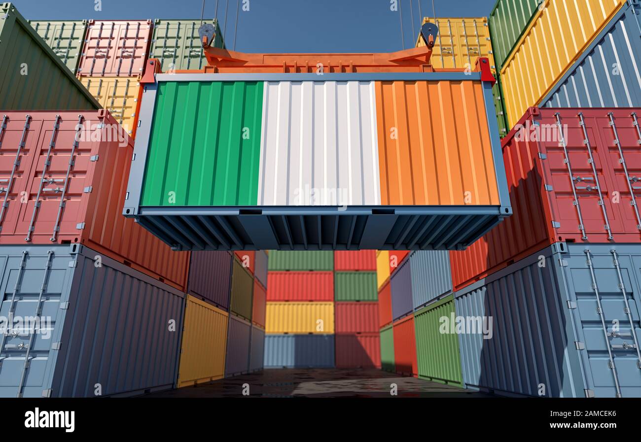 Container Terminal - Freight container with Ireland flag. 3D Rendering ...