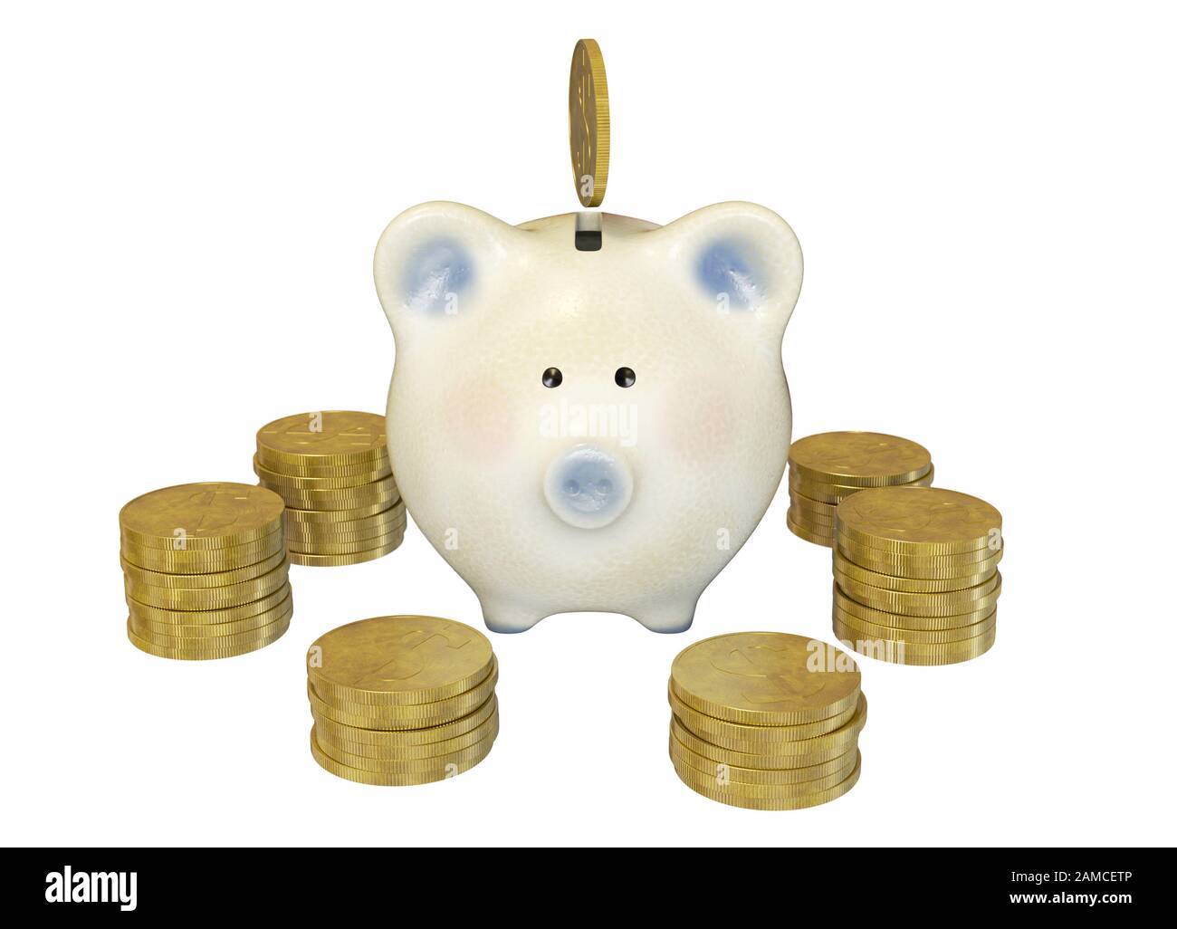 White piggy bank around stacks of gold coins isolated on white ...