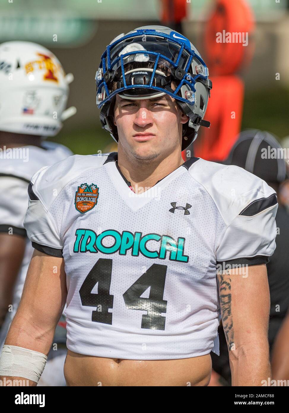 Deland, FL, USA. 12th Jan, 2020. National Team quarterback Tom Flacco (14)  during College Football All Star Game in the SPIRAL Tropical Bowl between  American (white) and the National (black0 at Spec