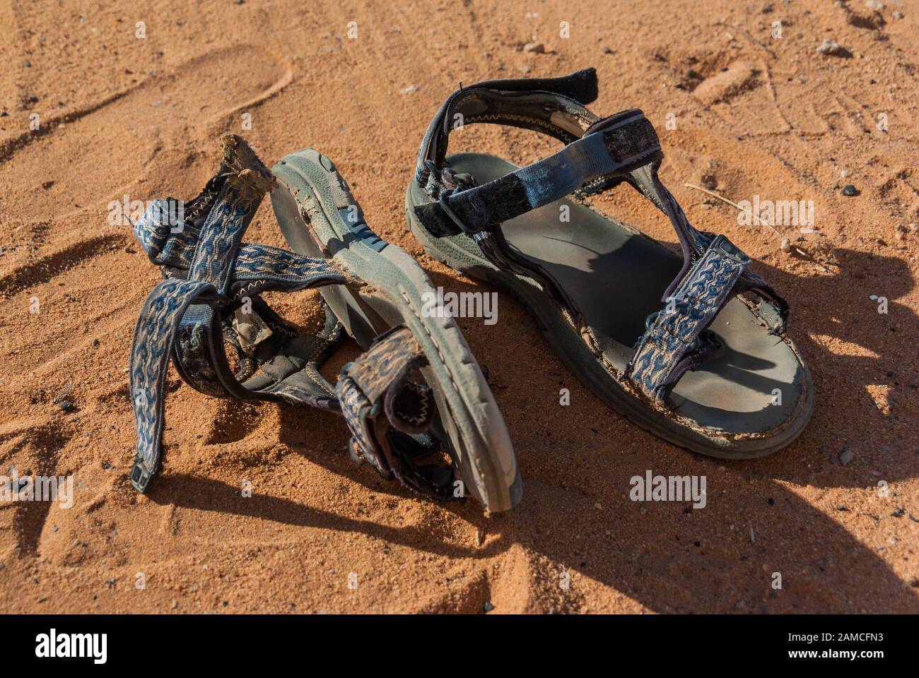 (My) well-worn old trekking sandals (deceased), in the desert near Naqa, northern Sudan Stock Photo