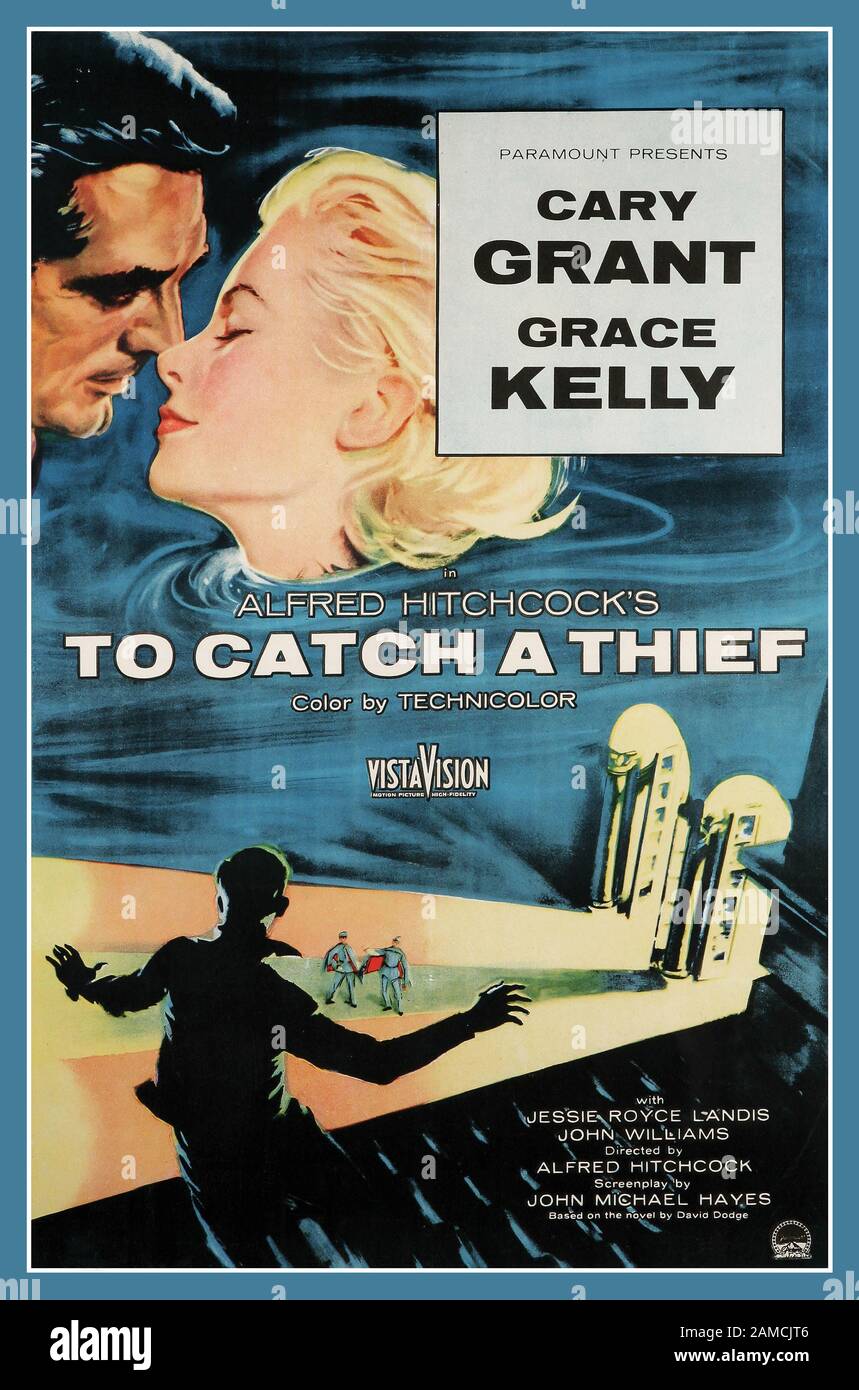 Vintage Movie Film Poster To Catch a Thief (1955) Starring Cary Grant and Grace Kelly. Directed by Alfred Hitchcock To Catch a Thief is a 1955 American romantic thriller film by Paramount Pictures in VistaVision Stock Photo