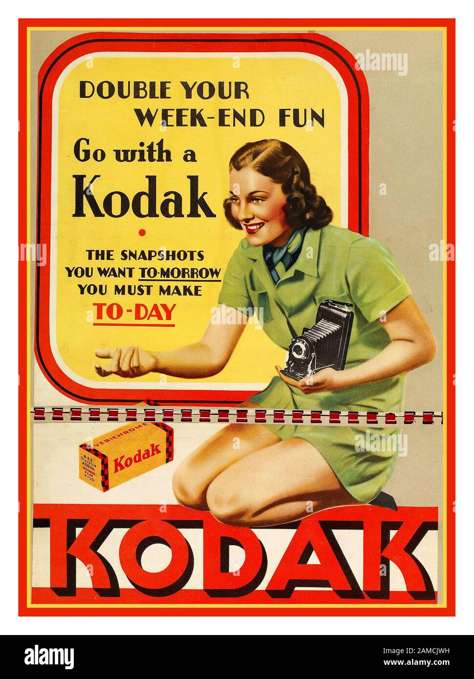 Vintage 1930's Kodak Photo Dealer Advertisement ’Double Your Week-End Fun, Go with a Kodak', 1930s Kodak Roll Film Camera and Verichrome film. ‘The snapshots you want tomorrow you must make today.’ Poster point of sale Stock Photo