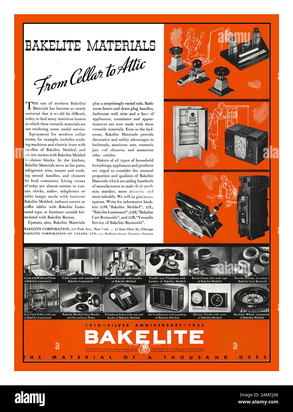 1930’s Bakelite press advertisement 'From Cellar to Attic'  ‘The material of a thousand uses’ 1910-1935 anniversary America USA It was developed by the Belgian-American chemist Leo Baekeland in Yonkers, New York, in 1907. Stock Photo