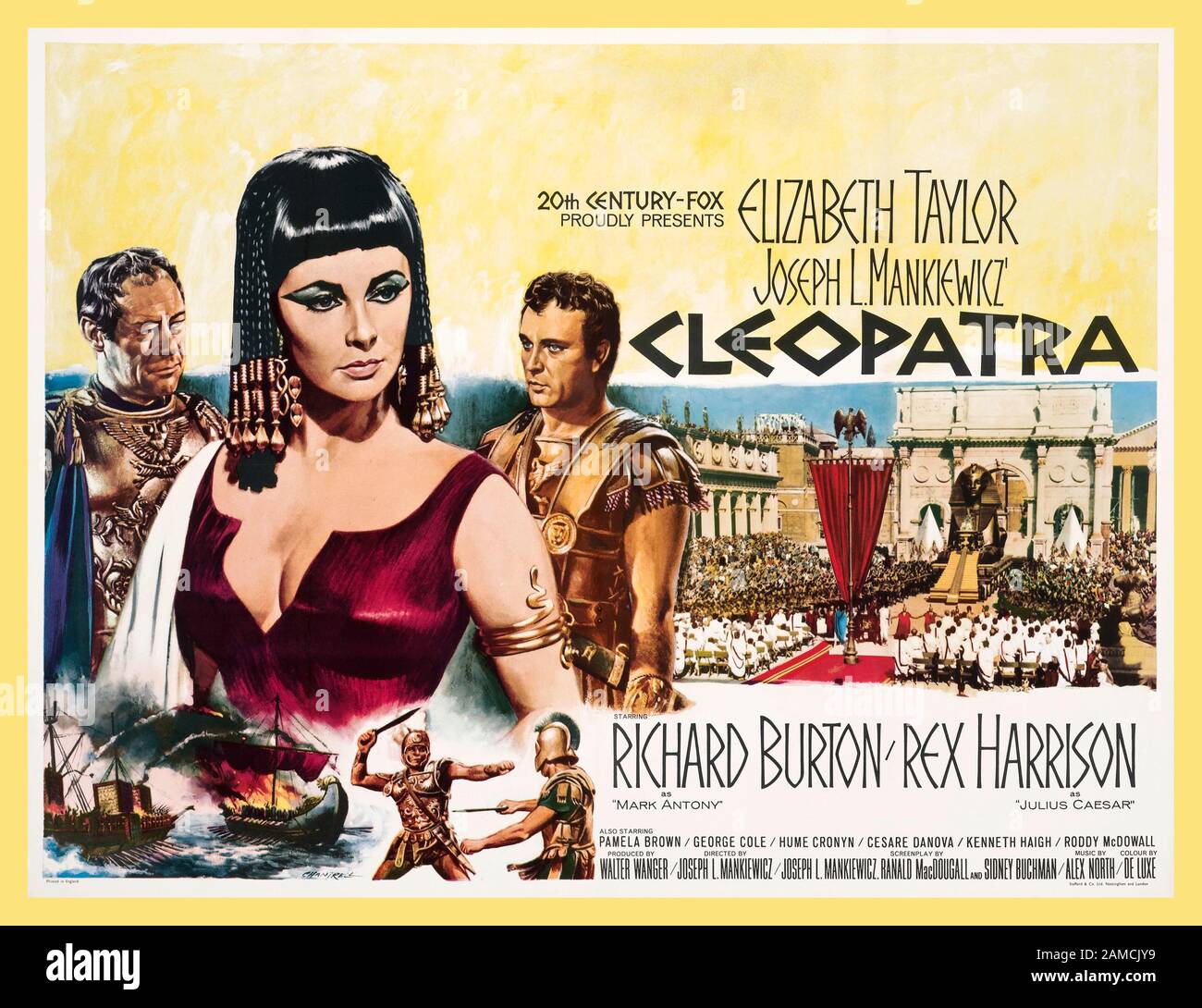 Vintage movie FILM poster CLEOPATRA 1963 Queen Cleopatra VII (Elizabeth Taylor) of Egypt experiences both triumph and tragedy as she attempts to resist the imperial ambitions of Rome. Stock Photo