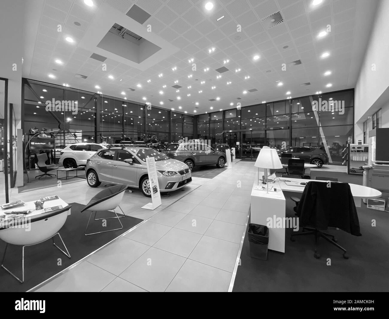 Paris, France - Oct 25, 2019: Black and white image of empty car