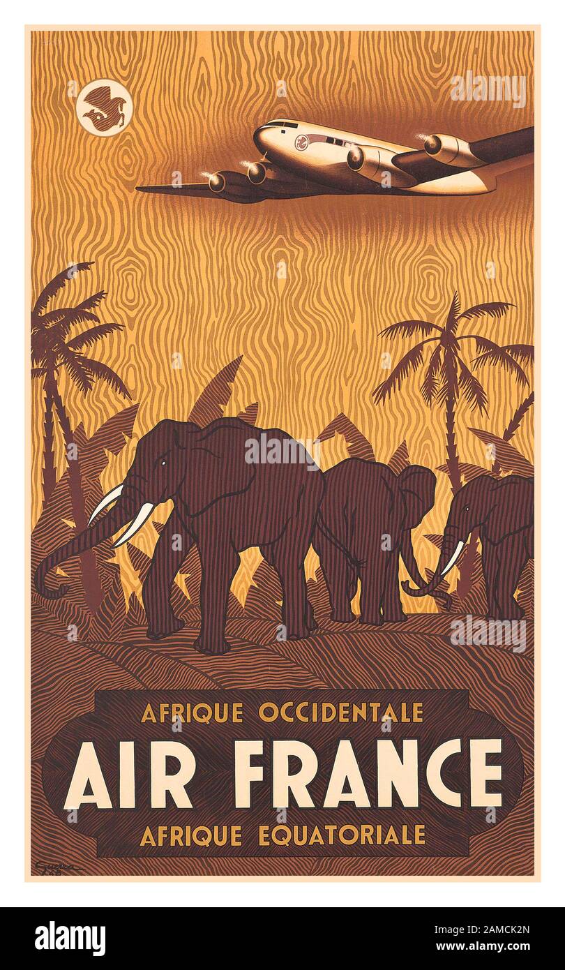 Air France Vintage 1940's Aviation Travel Poster for AIR FRANCE, Afrique occidentale Afrique équatoriale exotic African Jungle lithograph in colours, 1948, printed by Alepee & Cie., Paris by Vincent Guerra Stock Photo