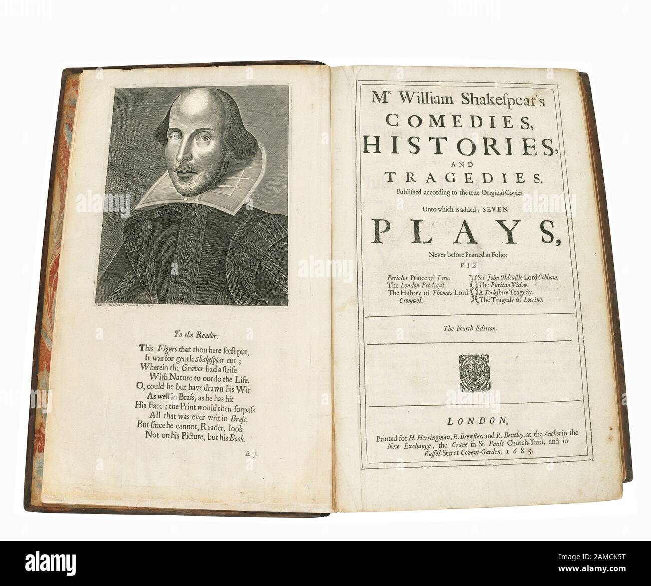 Shakespeare's First Folio 17th C Title page with Portrait of William Shakespeare. Shakespeares Comedies, Histories, & Tragedies. Published according to the true original copies. London, Printed by Isaac Iaggard, and Ed. Blount, engraving by artist Martin Droeshout, 1623 The Droeshout portrait or Droeshout engraving is a portrait of William Shakespeare engraved by Martin Droeshout as the frontispiece for the title page of the First Folio collection of Shakespeare's plays, published in 1623. It is one of only two works of art definitively identifiable as a depiction of the poet. Stock Photo