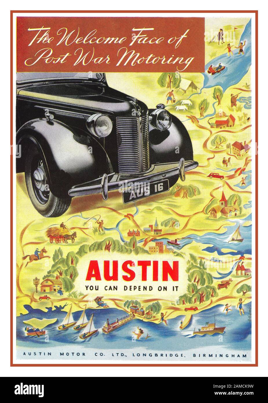 Vintage post -war 1940’s British Austin 16 Car Press advertisement Austin Car Autocar Advert 1945 - You can depend on it ’The Welcome Face of Post War Motoring’ Stock Photo