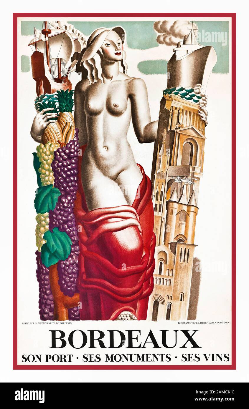 BORDEAUX Vintage 1930’s Travel Poster BORDEAUX France lithograph in colours 1937, printed by Rousseau Frères, Bordeaux, by Artist Jean Dupas Stock Photo