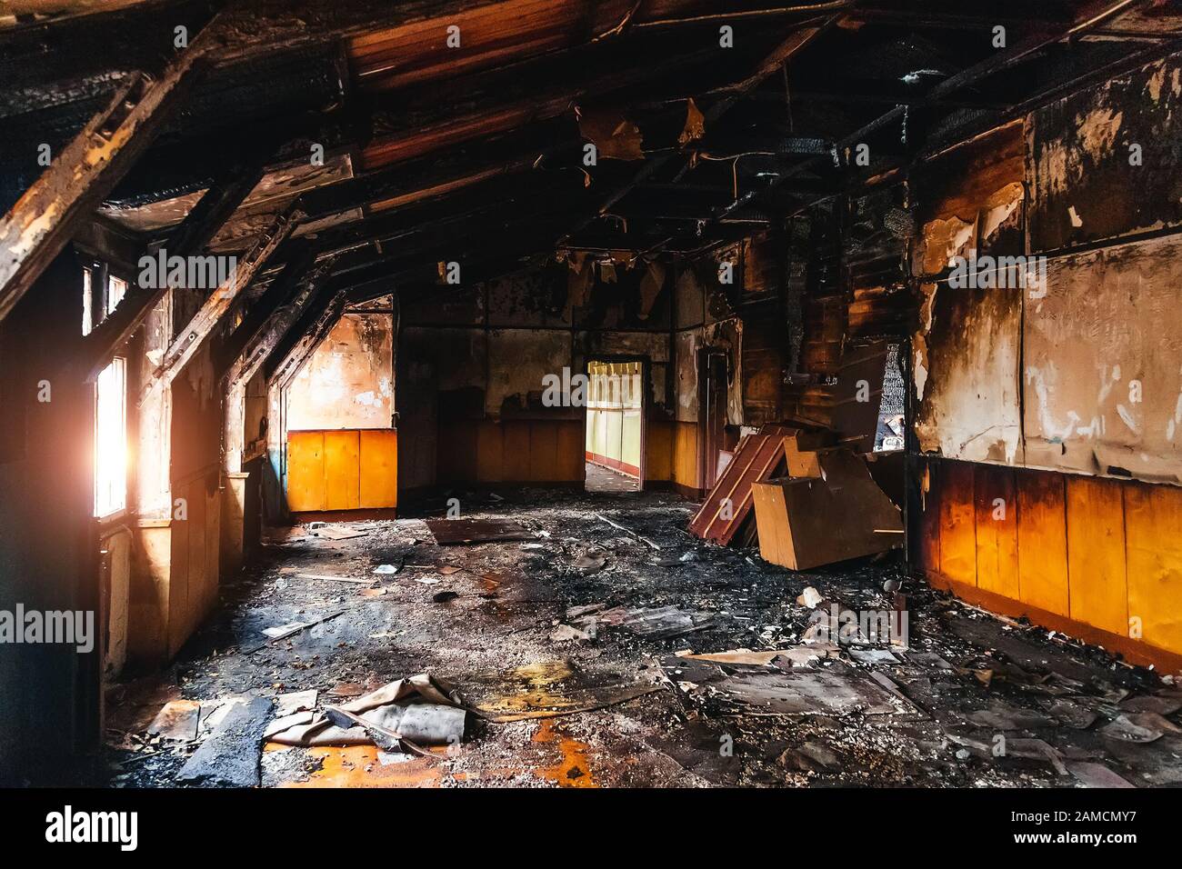 Burned interiors after fire in industrial or office building. War or