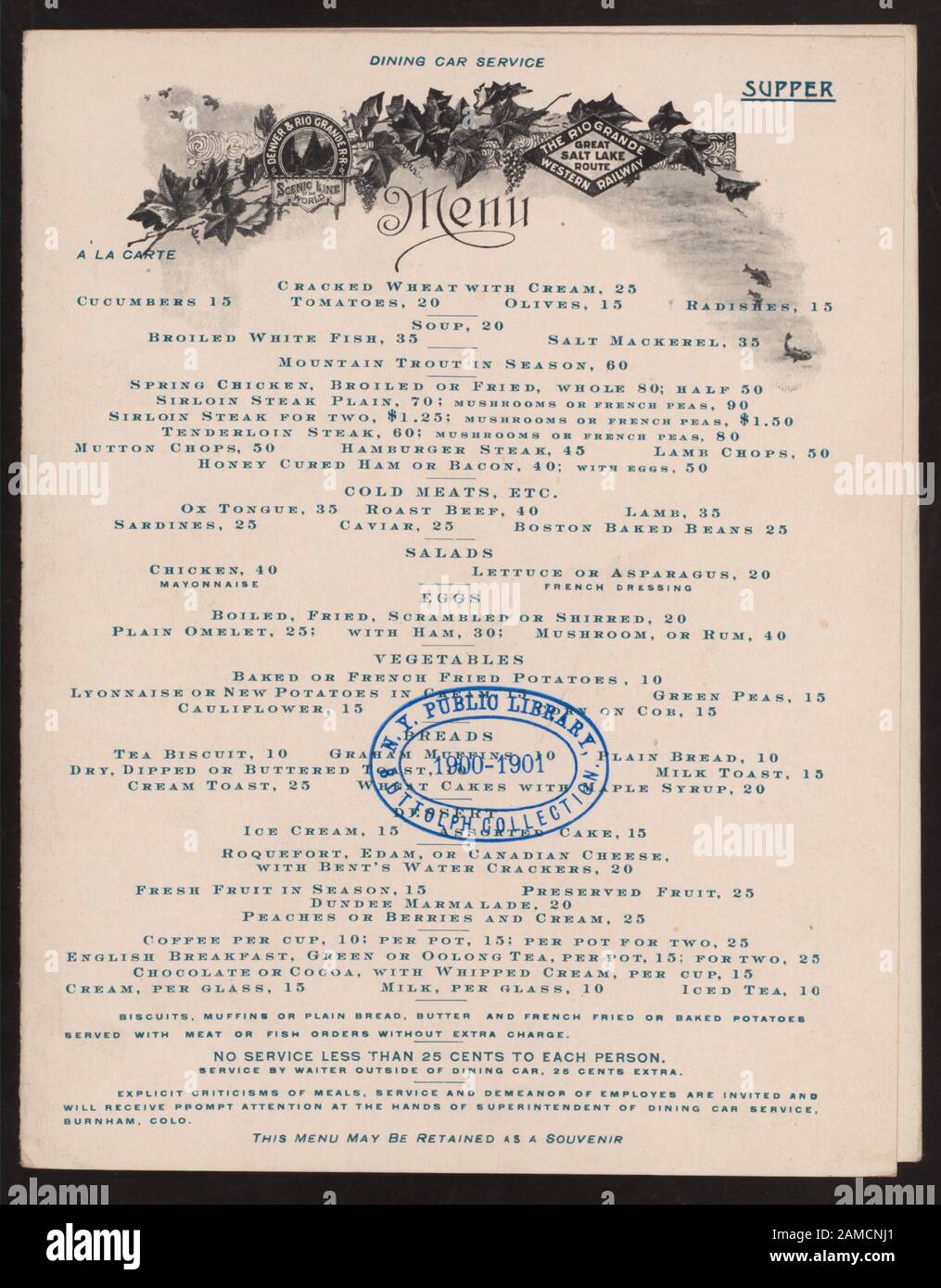 SUPPER (held by) DENVER AND RIO GRAND RR & THE RIO GRANDE WESTERN RAILWAY (at) DINING CAR (RR;)  HANDWRITTEN DATE JUNE 15-20,1901;WINES;PHOTOGRAPHS OF THE ROYAL GORGE AND HANGING BRIDGE ANDTEMPLE SQUARE,SALT LAKE CITY;MENU MAY BE RETAINED AS A SOUVENIR; Citation/Reference: 1901-1646; SUPPER [held by] DENVER AND RIO GRAND RR & THE RIO GRANDE WESTERN RAILWAY [at] DINING CAR (RR;) Stock Photo