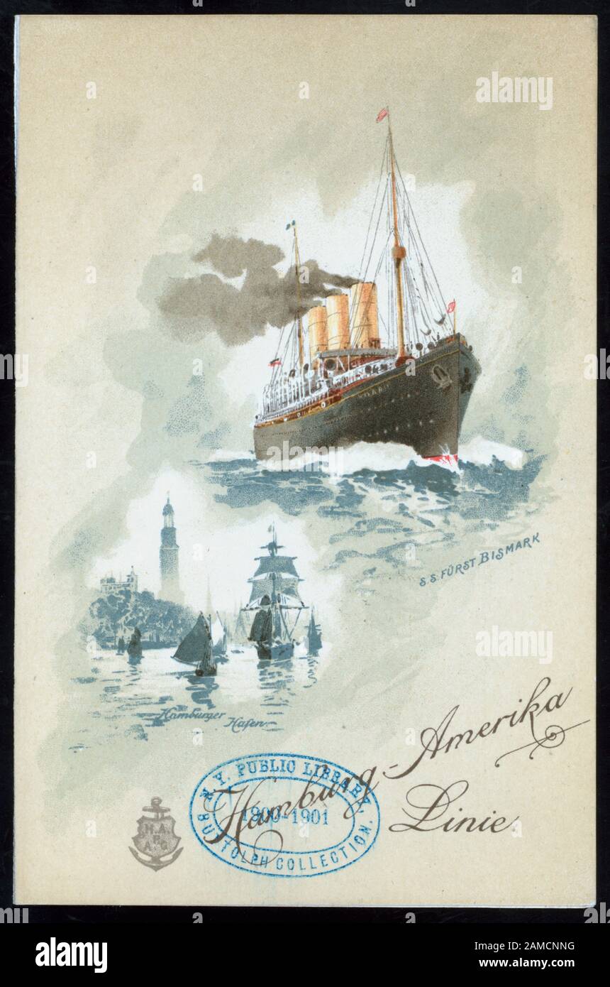 SUPPER (held by) HAMBURG-AMERIKA LINIE (at) SS AUGUSTE VICTORIA (SS;)  SEPARATE LISTINGS IN GERMAN AND ENGLISH;SHIPS AT SEA WITH A ROCK AND LIGHTHOUSE;MUSICAL PROGRAM LISTING 1900-0576; SUPPER [held by] HAMBURG-AMERIKA LINIE [at] SS AUGUSTE VICTORIA (SS;) Stock Photo