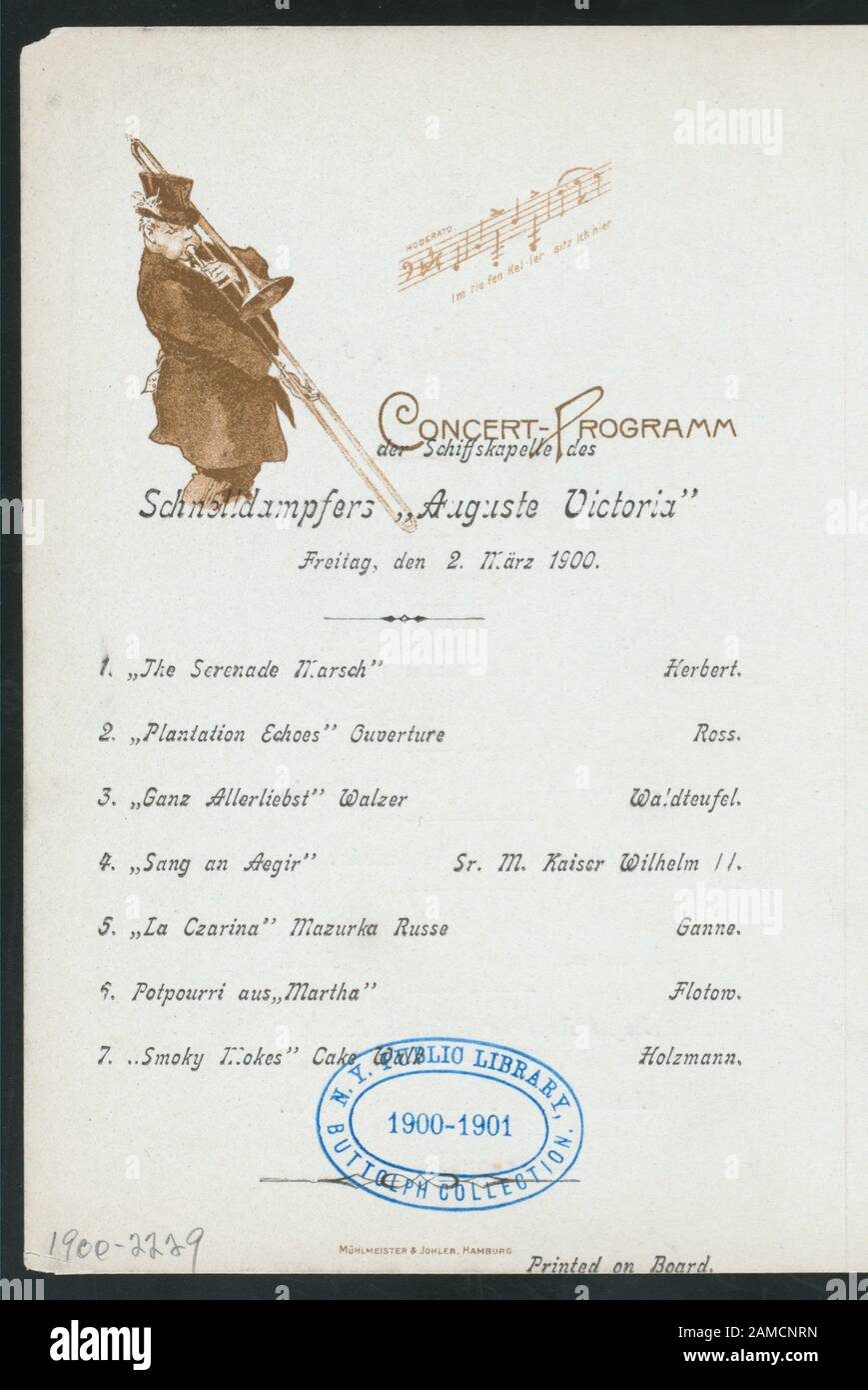 SUPPER (held by) HAMBURG-AMERIKA LINIE (at) SS AUGUSTE VICTORIA (SS;)  MENU LISTED IN GERMAN AND ENGLISH;MUSICIAN PLAYING TROMBONE;PICTURES OF JERUSALEM AND JAFFA;MUSICAL PROGRAM 1900-2229; SUPPER [held by] HAMBURG-AMERIKA LINIE [at] SS AUGUSTE VICTORIA (SS;) Stock Photo