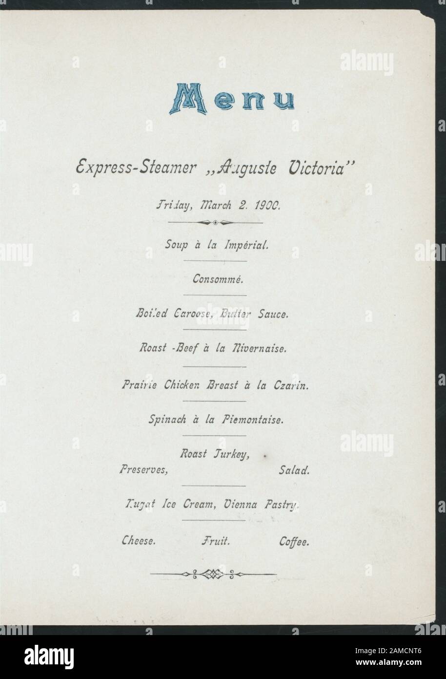 SUPPER (held by) HAMBURG-AMERIKA LINIE (at) SS AUGUSTE VICTORIA (SS;)  MENU LISTED IN GERMAN AND ENGLISH;MUSICIAN PLAYING TROMBONE;PICTURES OF JERUSALEM AND JAFFA;MUSICAL PROGRAM 1900-2229; SUPPER [held by] HAMBURG-AMERIKA LINIE [at] SS AUGUSTE VICTORIA (SS;) Stock Photo