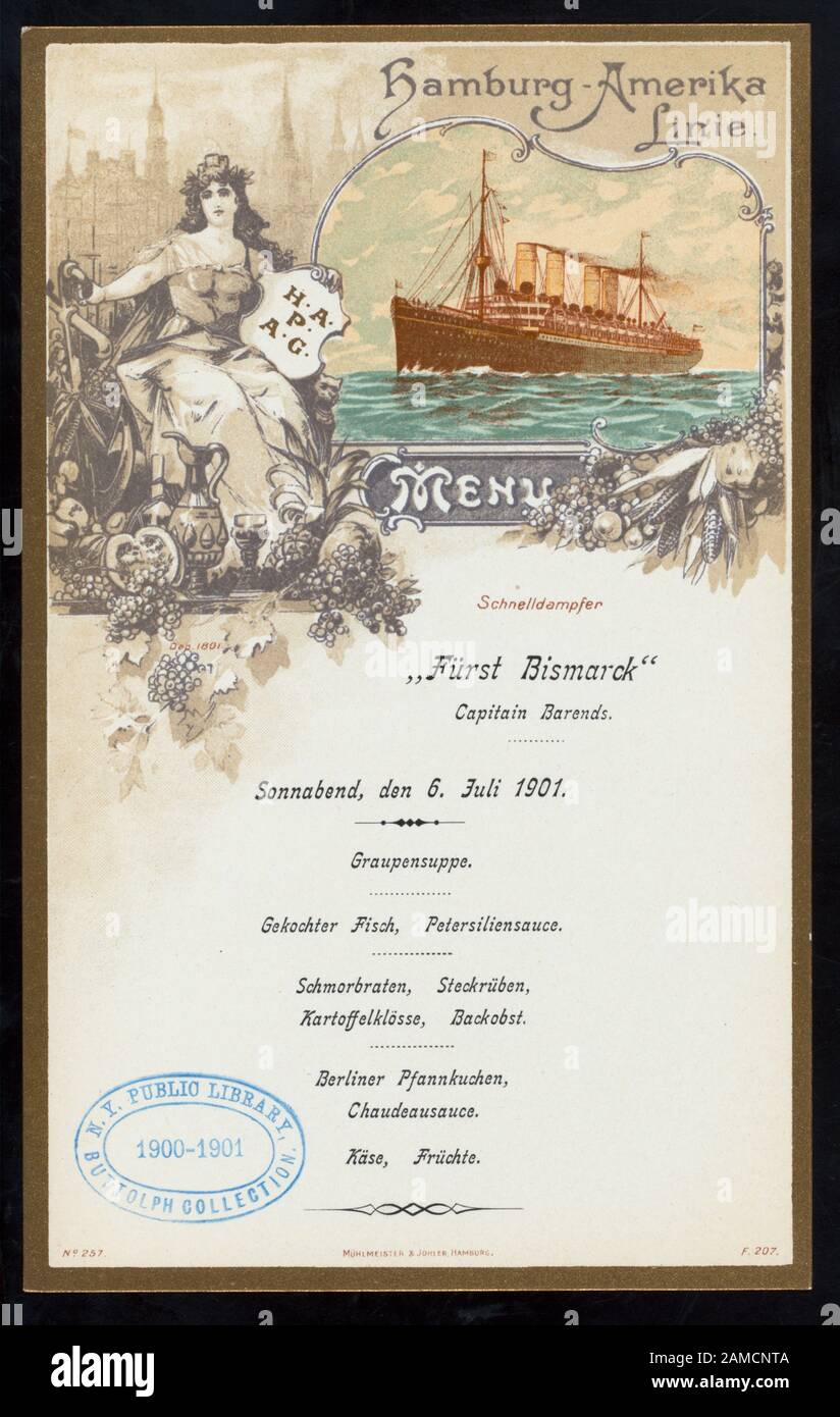 SUPPER (held by) HAMBURG-AMERIKA LINIE (at) SS FURST BISMARCK (SS;)  SHIP AT SEA;WOMAN HOLDING SHIELD AMONG FOOD AND IMPLEMENTS;CITYSCAPE IN BACKGROUND;MENU IN GERMAN; SUPPER [held by] HAMBURG-AMERIKA LINIE [at] SS FURST BISMARCK (SS;) Stock Photo