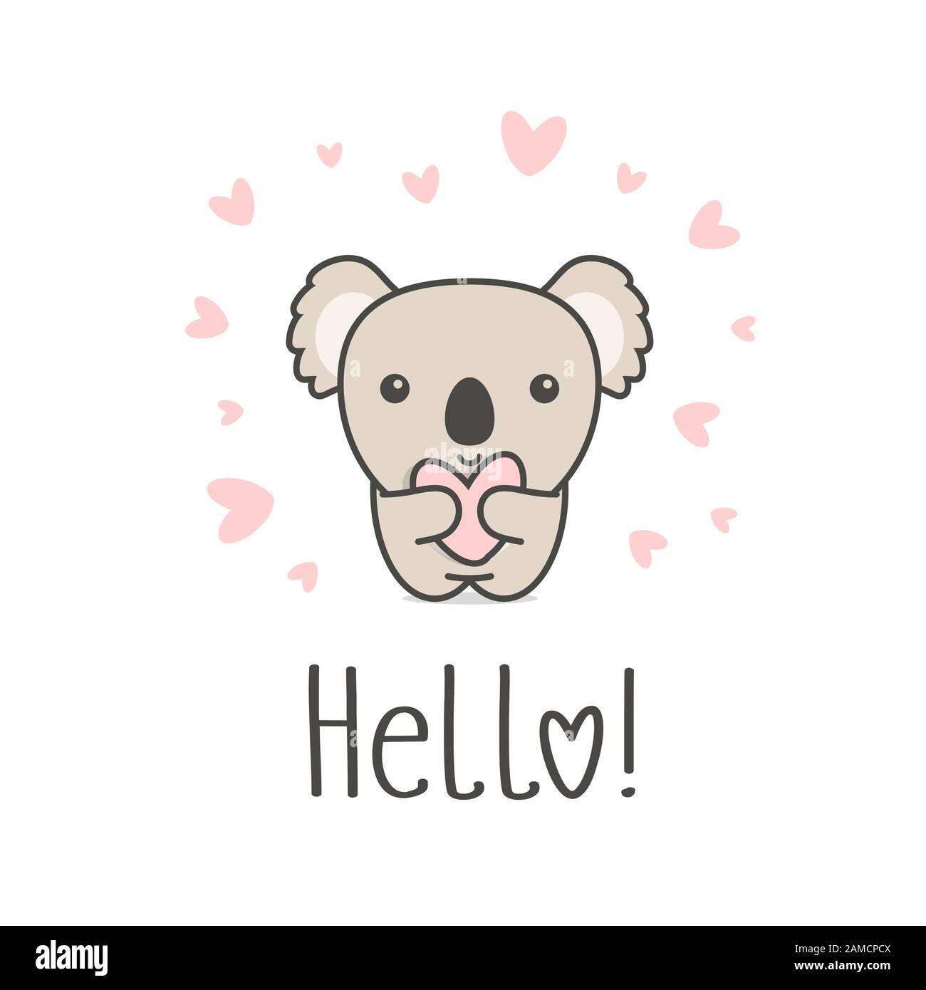 Cute animal with heart and Hello text. Smiling Koala and Love ...