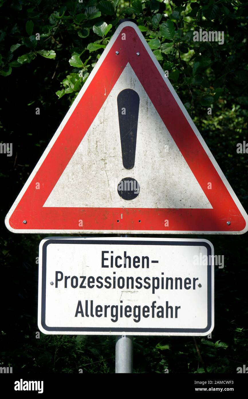 Warnschild  Eichen-Prozessionsspinner - Allergiegefahr Stock Photo