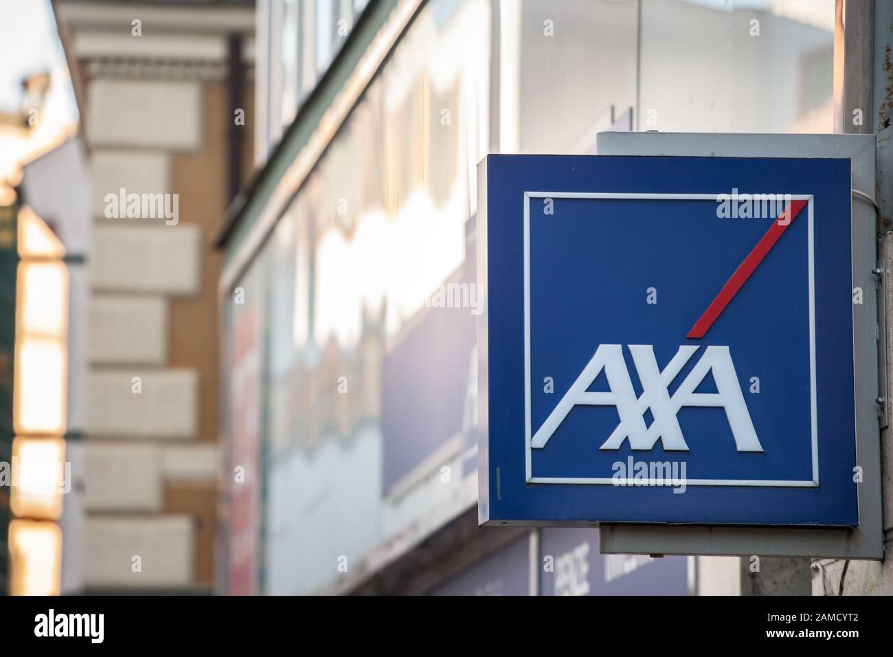 PRAGUE, CZECHIA - NOVEMBER 4, 2019:  Axa logo on their local agent in Prague. Axa is a French insurance and banking group, one of the biggest insurers Stock Photo