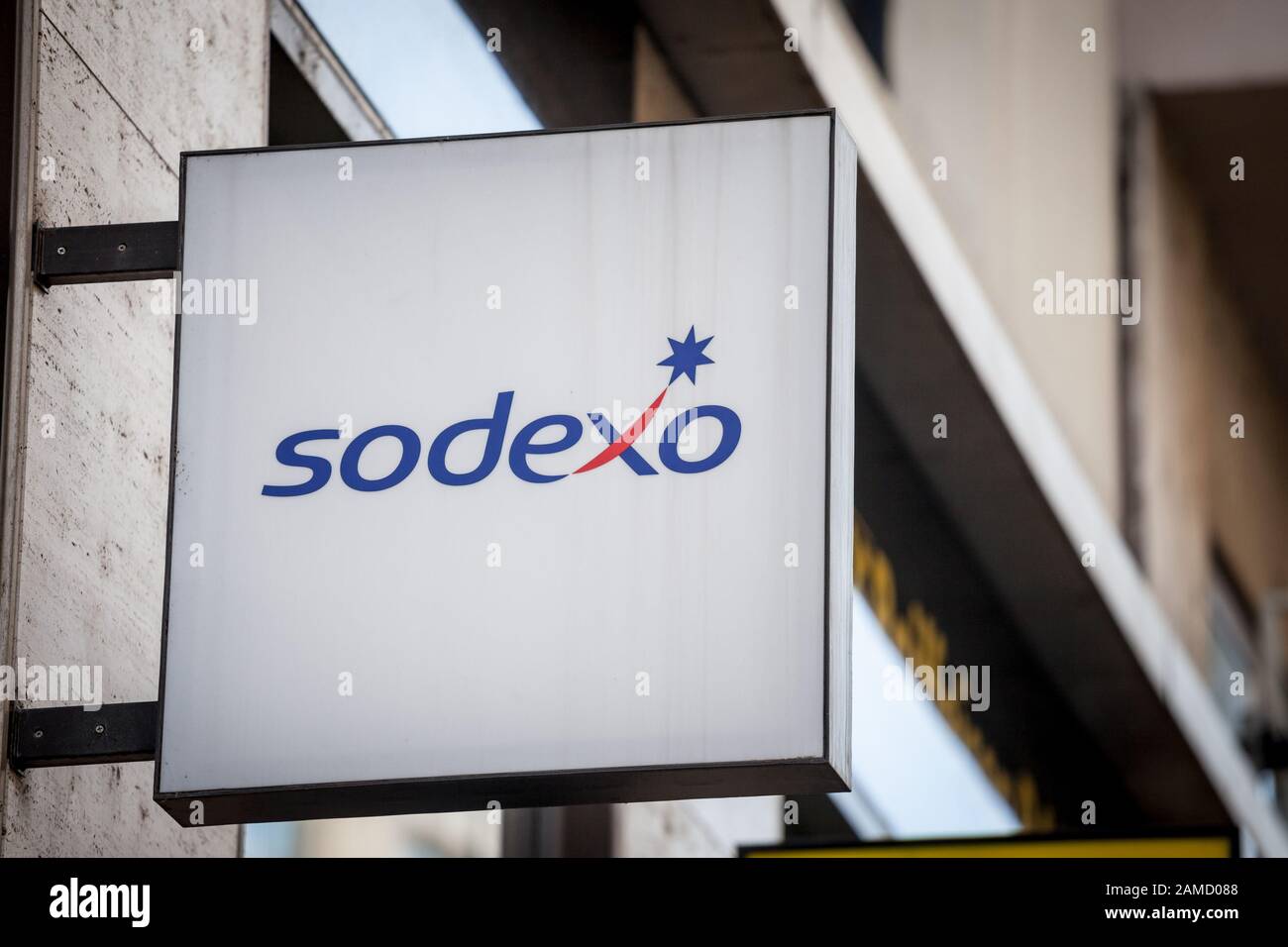 BRNO, CZECHIA - NOVEMBER 5, 2019: Sodexo logo in front of their local office in Brno. Sodexo is a French multinational corporation specialized in food Stock Photo
