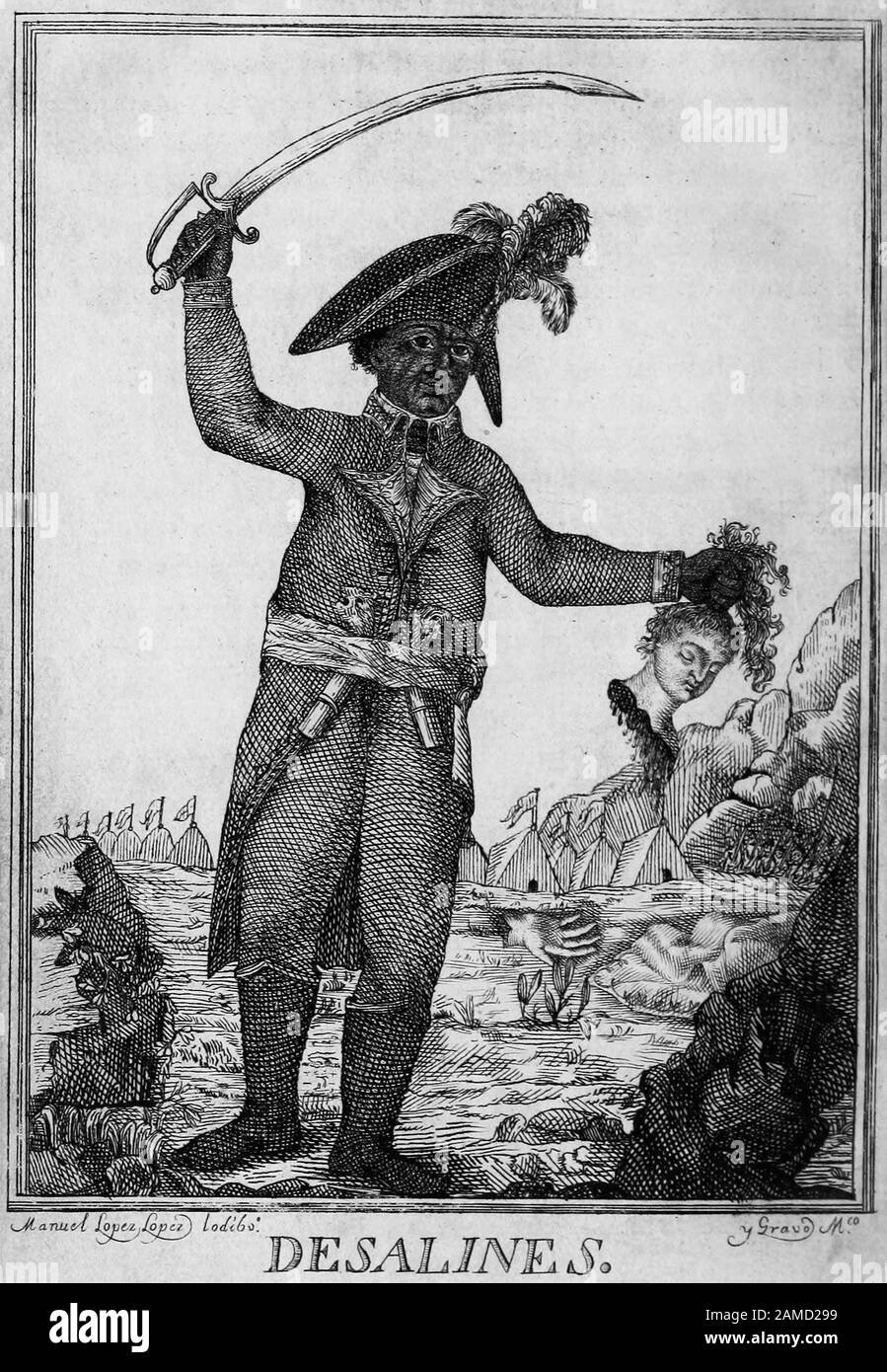 Entitled simply 'Desalines', it depicts the general, sword raised in one arm, while the other holds a severed head of a white woman. 1806 Stock Photo