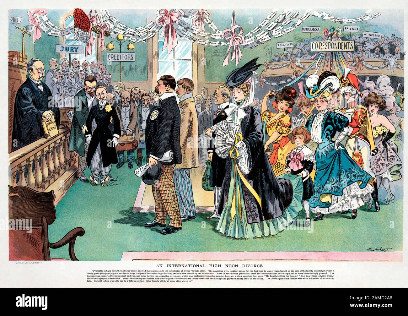 An International High Noon Divorce - Illustration parodies the circus-like atmosphere of the divorce proceedings of Anna Gould (seen holding a bouquet made out of of indictment against her husband) against Boni de Castellane. 1906 Stock Photo