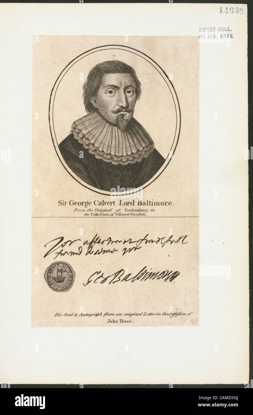 Sir George Calvert Lord Baltimore; His seal & autograph from an original letter in the possession of John Thane  EM14639; Sir George Calvert Lord Baltimore; His seal & autograph from an original letter in the possession of John Thane. Stock Photo