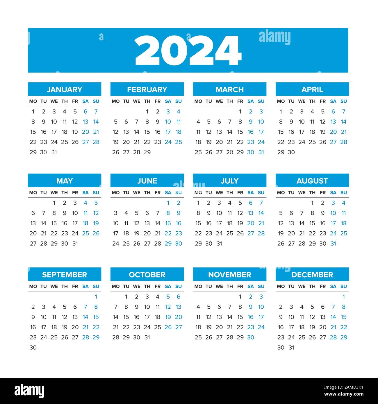 Simple Vector Calendar 2024 Weeks start on Monday Stock Vector Image