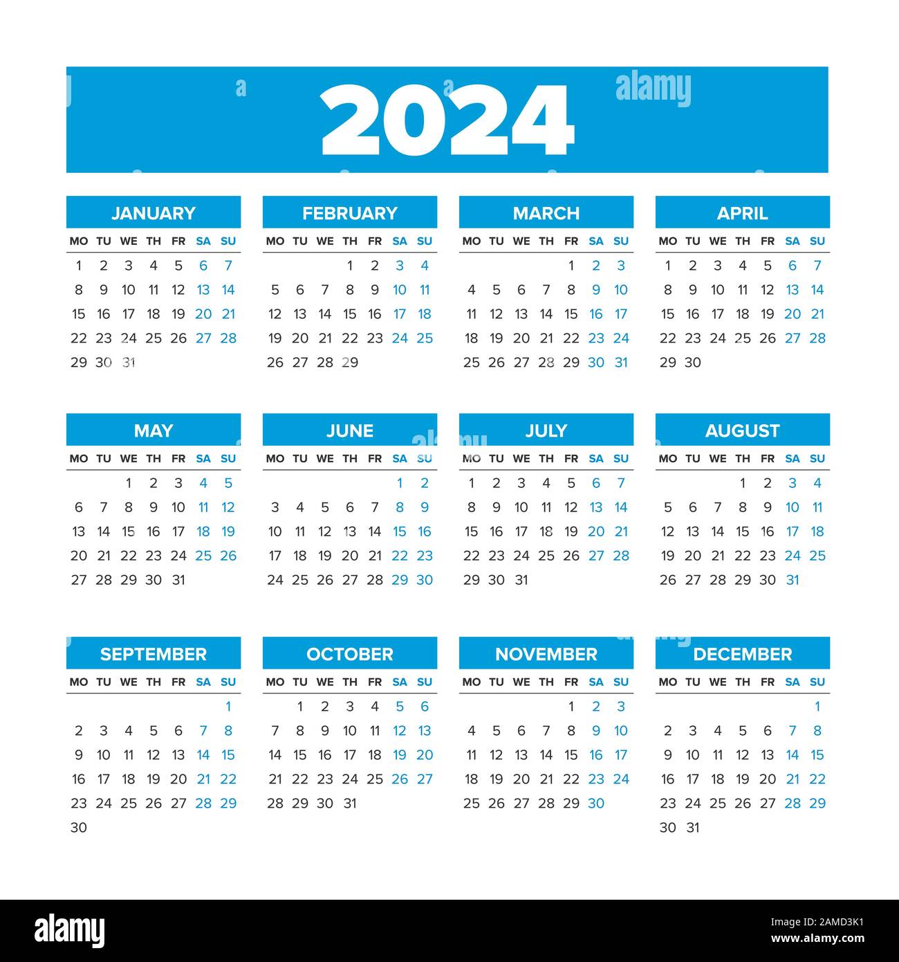 Simple Vector Calendar 2024. Weeks start on Monday Stock Vector Image