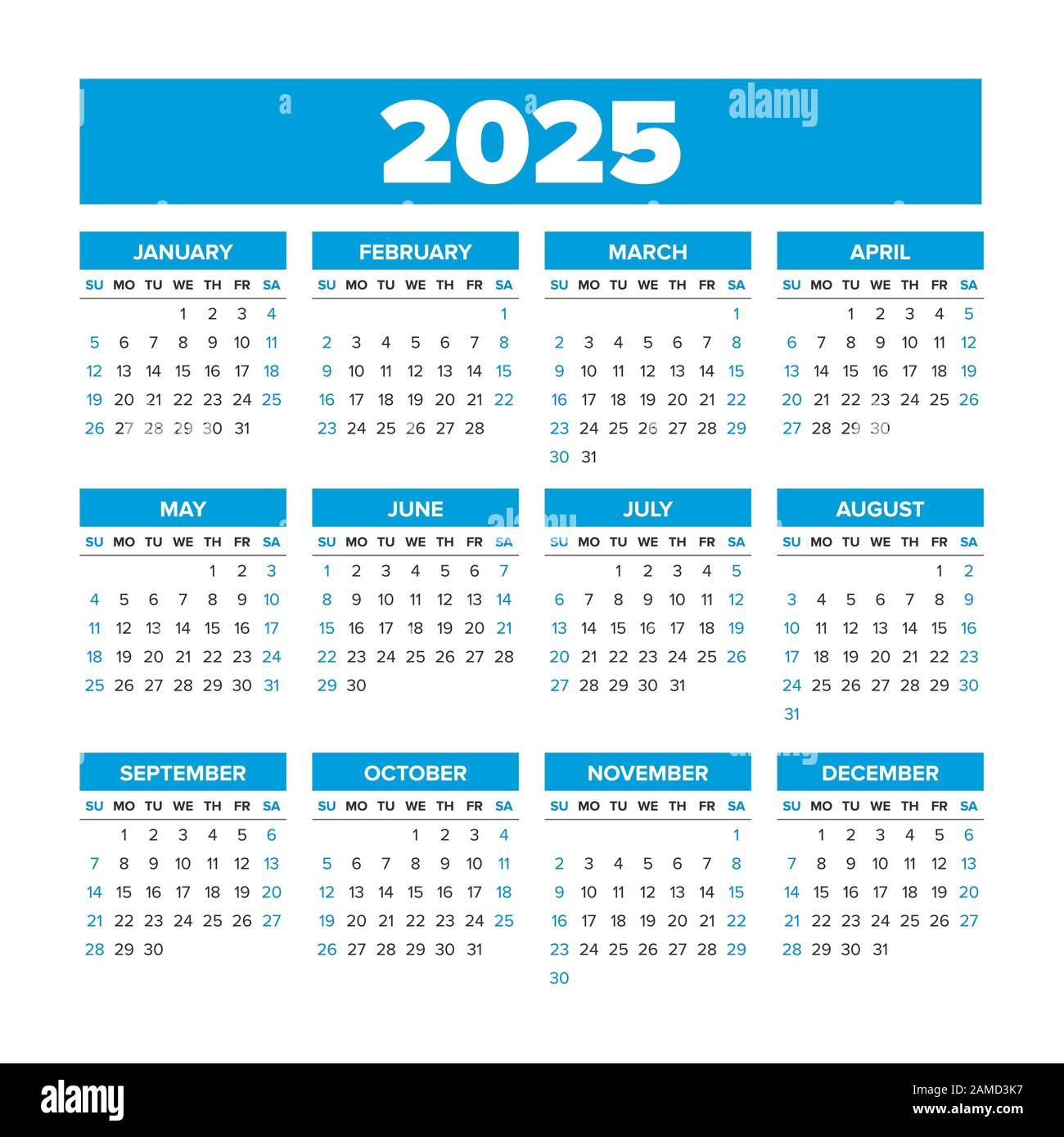 Simple Vector Calendar 2025 Weeks Start On Sunday Stock Vector Image Art Alamy