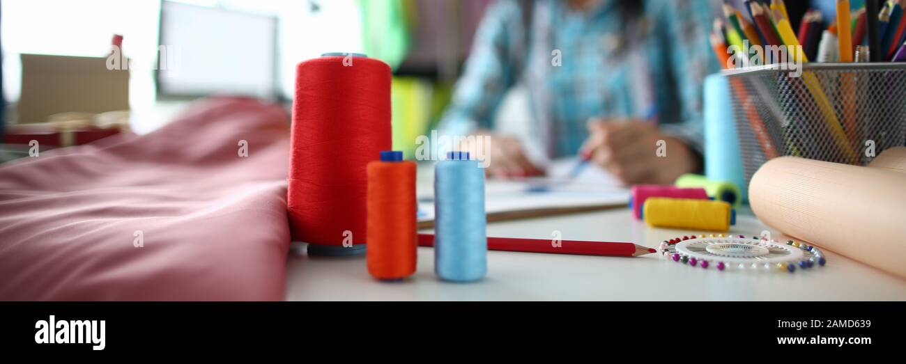 Table of hardworking tailor Stock Photo
