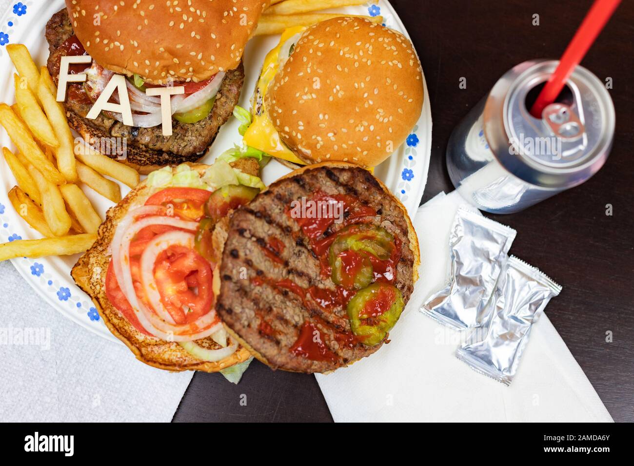 Say No To Junk Food. Juicy burger and fries with word FAT on it. Anti fast food, time for diet concept. Stock Photo